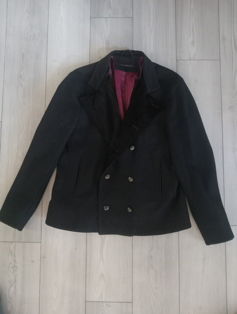 John Varvatos Mens Black Double Breasted Wool Coat With Velvet Collars